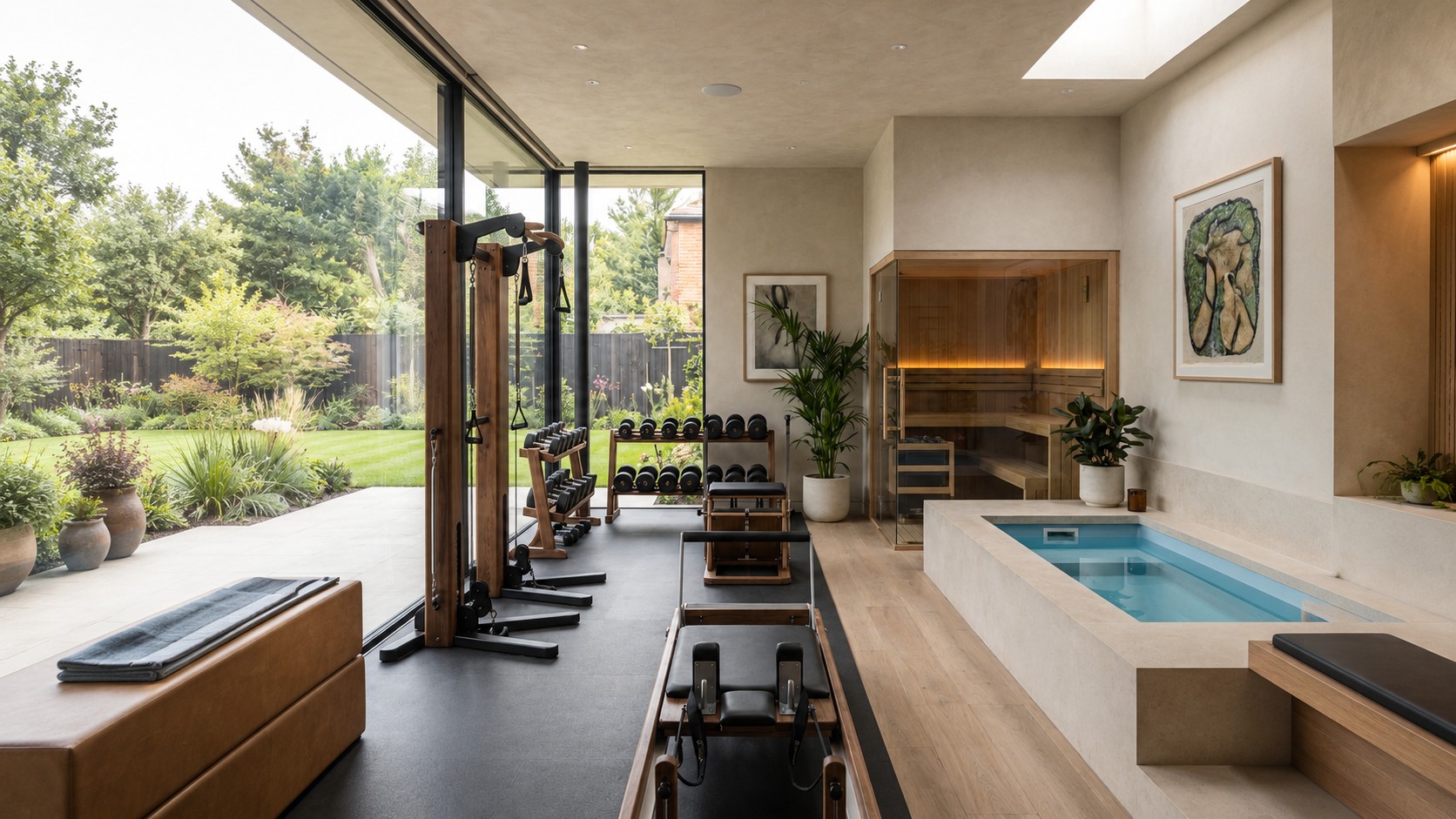 Luxury residential home gym with strength equipment, sauna, and cold plunge